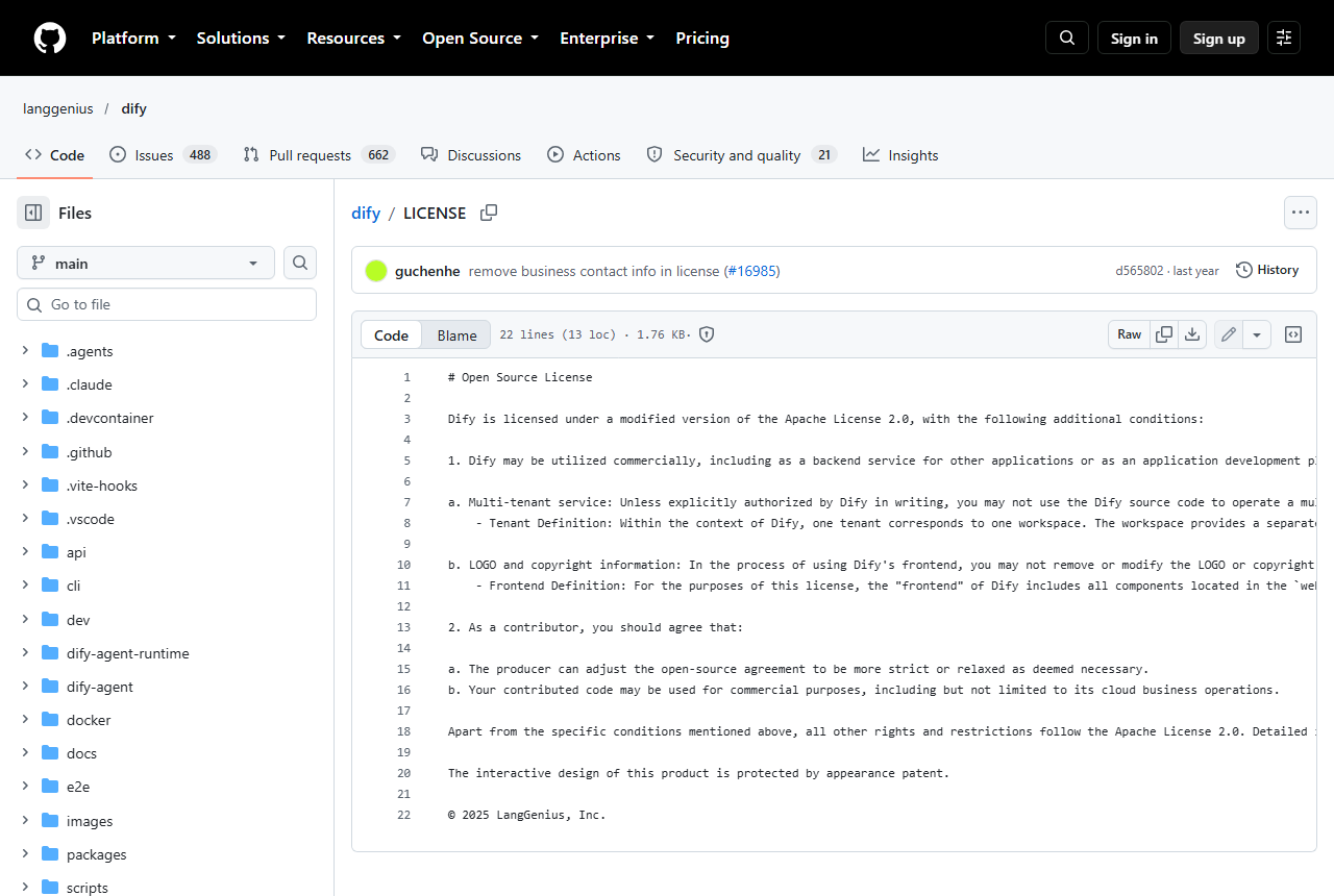The 22-line LICENSE file in the langgenius/dify GitHub repository, stating Dify is licensed under a modified Apache License 2.0 with conditions on multi-tenant service and on the logo and copyright information, ending with a line that the interactive design is protected by appearance patent