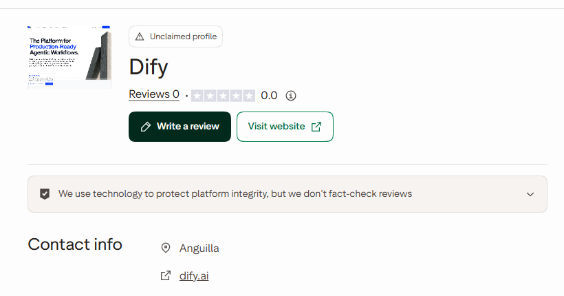 Trustpilot page for Dify at dify.ai marked Unclaimed profile, showing Reviews 0 and a 0.0 score with empty stars