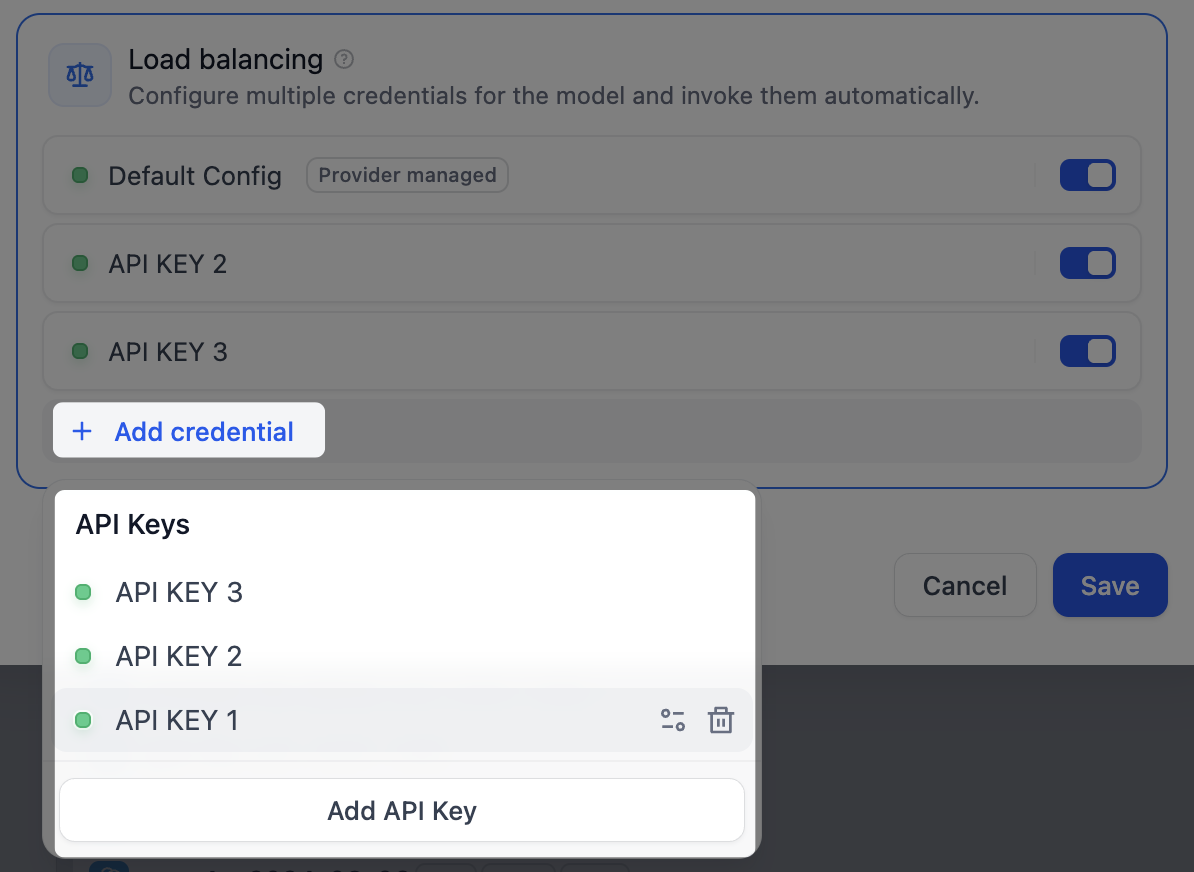 Dify model Load balancing panel with Default Config marked Provider managed and API KEY 2 and API KEY 3 switched on, and an Add credential menu listing three API keys