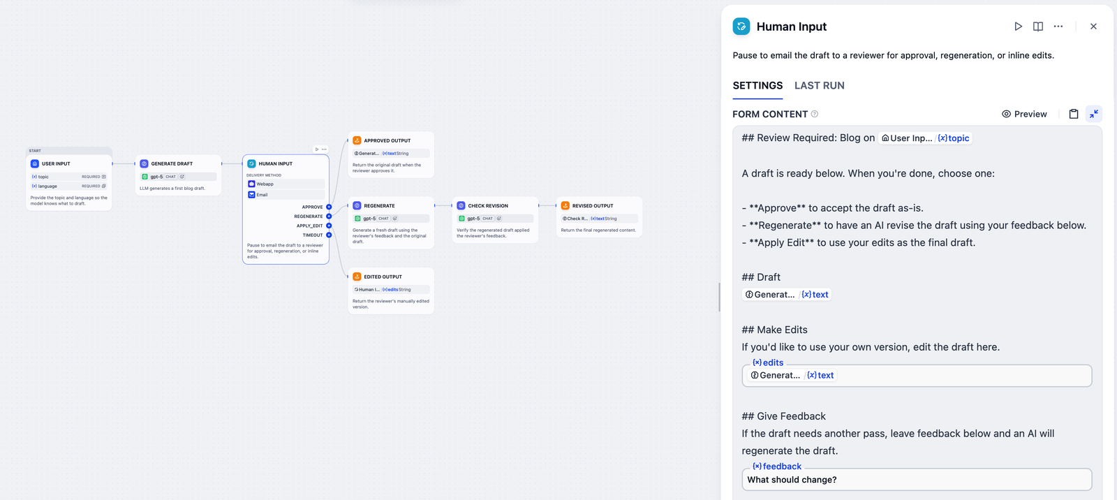 Dify workflow canvas where a User Input node feeds a Generate Draft node on gpt-5, then a Human Input node with Webapp and Email delivery and Approve, Regenerate, Apply Edit and Timeout branches leading to output nodes, with a settings panel showing the review form a person receives