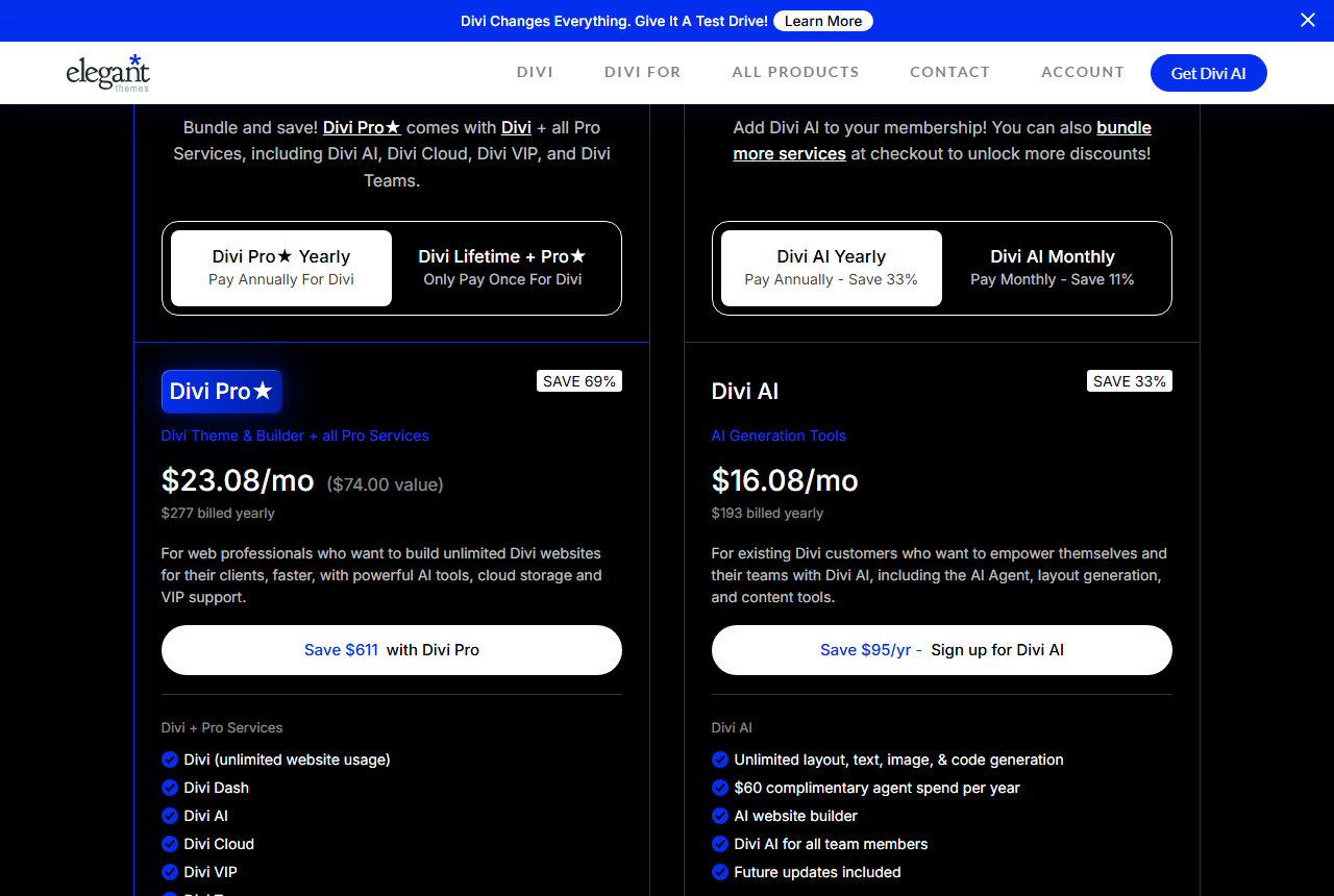 Divi AI page pricing section with two columns: New To Divi with the Divi Pro card at 23.08 dollars a month, 277 dollars billed yearly, and Already A Divi User with a Divi AI card at 16.08 dollars a month, 193 dollars billed yearly, Save 33 percent, listing unlimited layout, text, image and code generation, 60 dollars complimentary agent spend per year, AI website builder, Divi AI for all team members and future updates