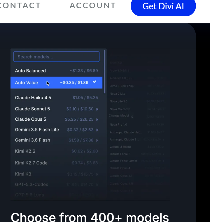 Close-up of the model picker image on the Divi AI Agent page with a Search models box and per-million-token prices: Auto Balanced about 1.33 and 6.89 dollars, Auto Value selected at about 0.35 and 1.86 dollars, Claude Haiku 4.5 1.05 and 5.25, Claude Sonnet 5 2.10 and 10.50, Claude Opus 5 5.25 and 26.25, Gemini 3.5 Flash Lite 0.32 and 2.63, Gemini 3.6 Flash 1.58 and 7.88, Kimi K2.6 0.62 and 2.60, followed by more models