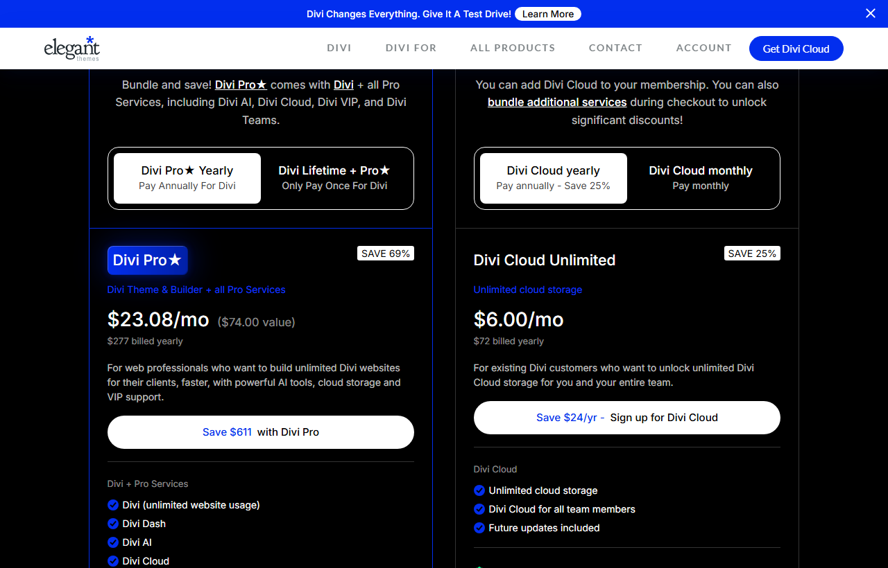 Divi Cloud page pricing: a Divi Cloud Unlimited card at 6 dollars a month, 72 dollars billed yearly, Save 25 percent, listing unlimited cloud storage, Divi Cloud for all team members and future updates, next to the Divi Pro card