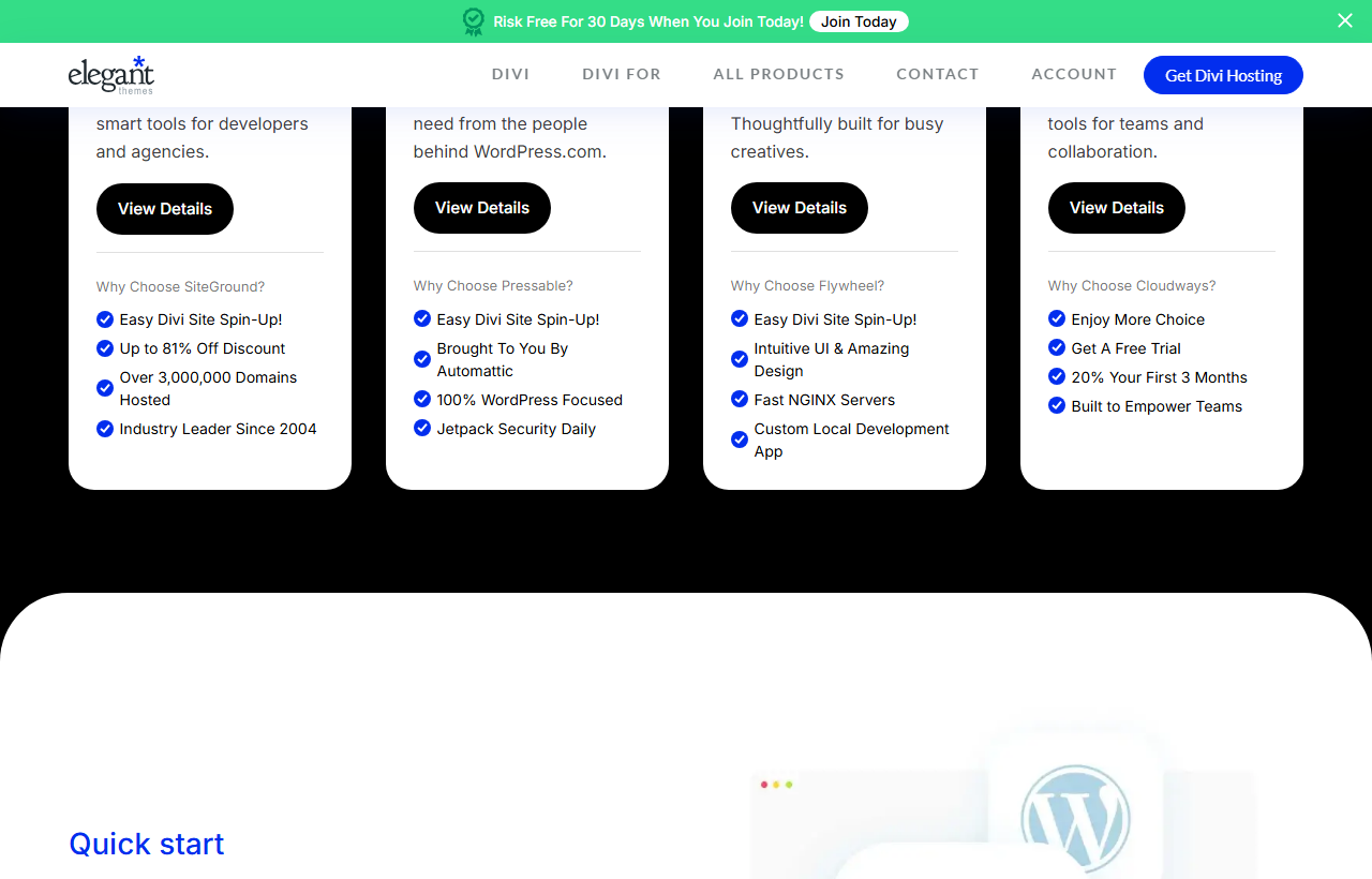 Divi Hosting page partner cards for SiteGround, Pressable, Flywheel and Cloudways, each with a View Details button and reasons such as Easy Divi Site Spin-Up, Up to 81% Off Discount, Brought To You By Automattic, Intuitive UI and Amazing Design, and Get A Free Trial
