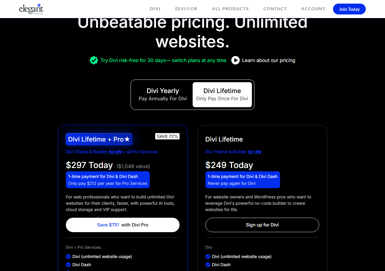 Elegant Themes pricing page with the Divi Lifetime tab selected: a Divi Lifetime plus Pro card at 297 dollars today, a 1,048 dollar value, 1-time payment for Divi and Divi Dash, only pay 212 dollars per year for Pro Services, marked Save 72 percent, and a Divi Lifetime card at 249 dollars today, 1-time payment, never pay again for Divi
