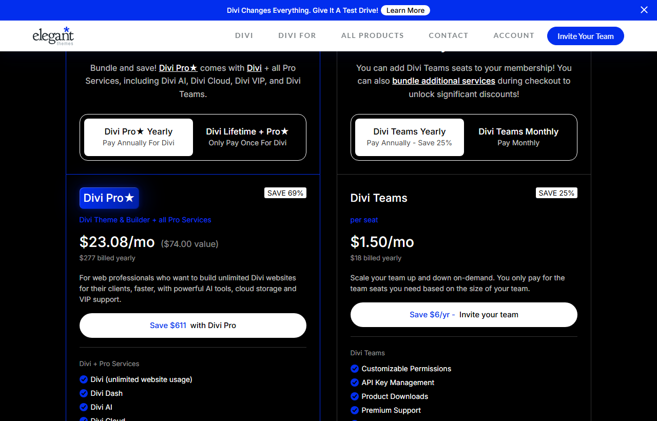 Divi Teams page pricing: a Divi Teams per seat card at 1.50 dollars a month, 18 dollars billed yearly, Save 25 percent, Scale your team up and down on-demand, listing customizable permissions, API key management, product downloads and premium support