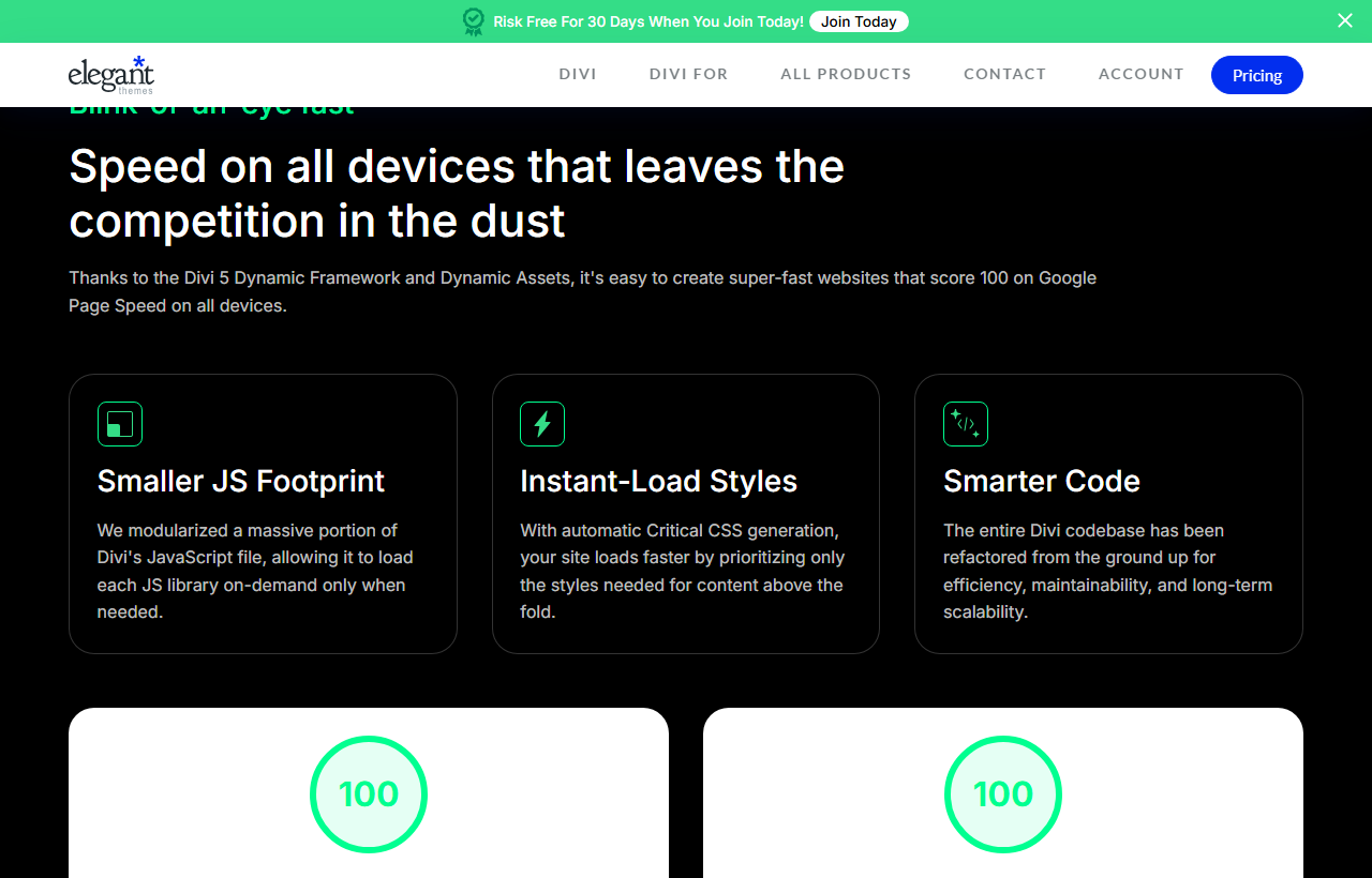 Divi 5 page section Speed on all devices that leaves the competition in the dust, saying the Divi 5 Dynamic Framework and Dynamic Assets make it easy to create sites that score 100 on Google Page Speed on all devices, three cards for Smaller JS Footprint, Instant-Load Styles and Smarter Code, and two score circles showing 100