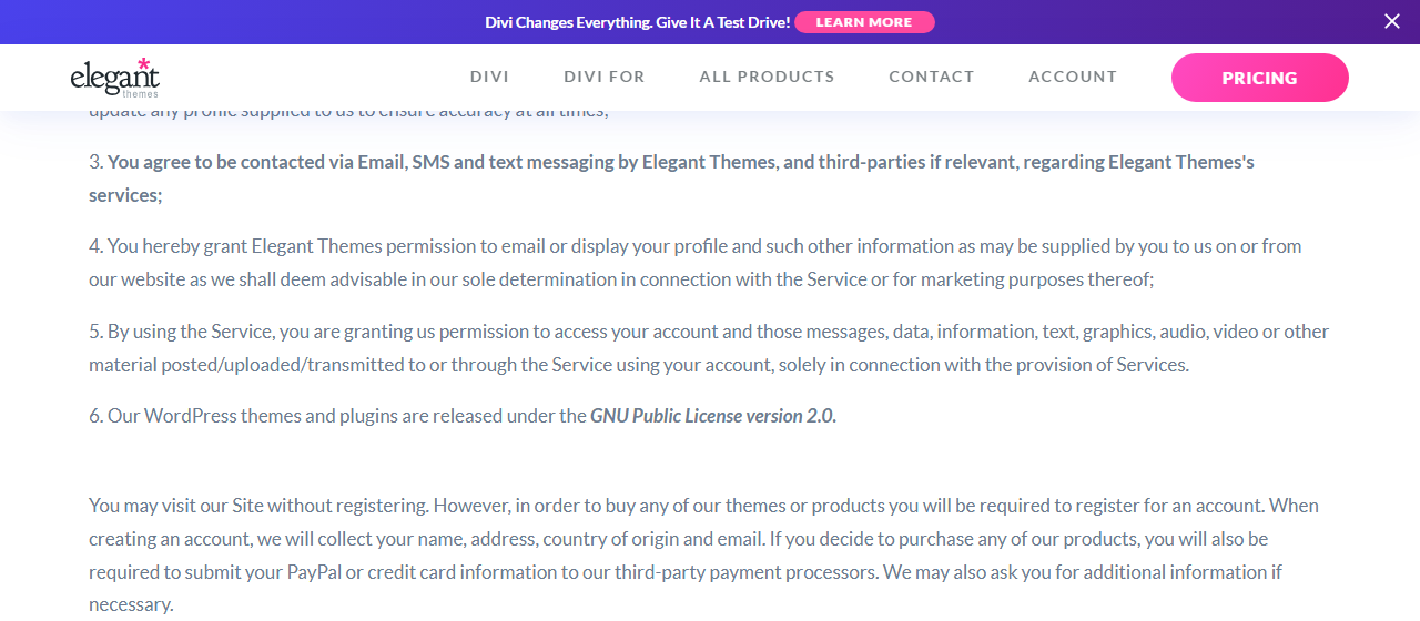 Elegant Themes Terms of Service registration list, items 3 to 6: you agree to be contacted by email, SMS and text messaging, you grant permission to display your profile for marketing, you grant access to your account content to provide the service, and item 6, Our WordPress themes and plugins are released under the GNU Public License version 2.0