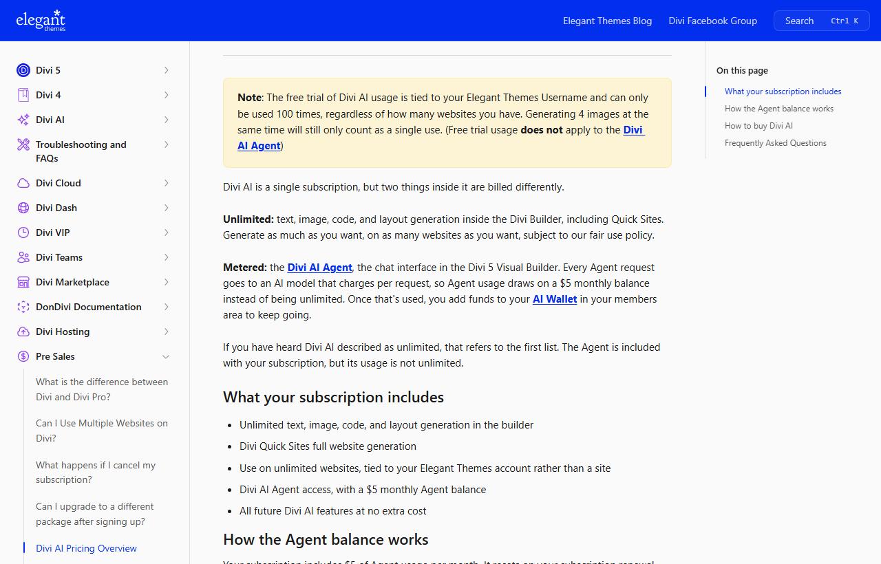Elegant Themes help article Divi AI Pricing Overview with a yellow note that the free trial is tied to your username and can only be used 100 times and does not apply to the Divi AI Agent, then the explanation that text, image, code and layout generation is unlimited while the Divi AI Agent is metered against a 5 dollar monthly balance and the AI Wallet, and If you have heard Divi AI described as unlimited, that refers to the first list