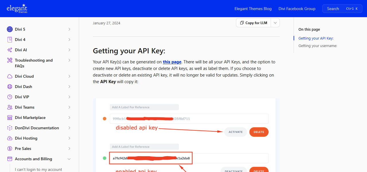 Elegant Themes help article How do I get my API key, dated January 27, 2024, explaining that API keys can be created, deactivated, deleted and labelled in the members area, with an annotated image showing a disabled API key with Activate and Delete buttons and an enabled API key