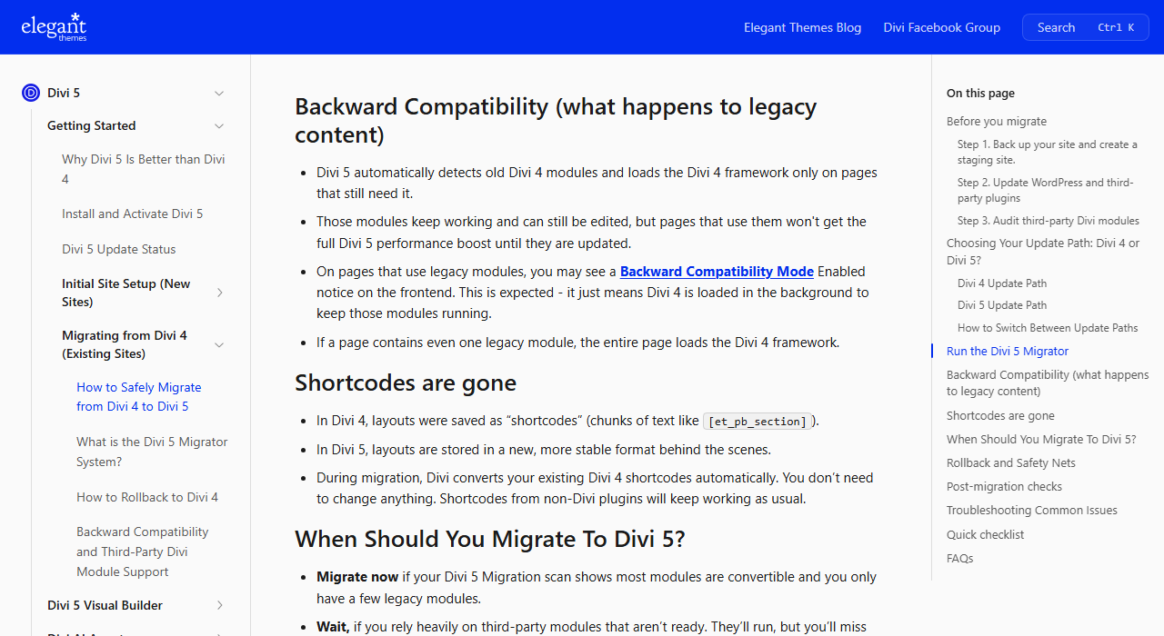Help article section Backward Compatibility: Divi 5 detects old Divi 4 modules and loads the Divi 4 framework only on pages that need it, those pages don't get the full Divi 5 performance boost, a Backward Compatibility Mode notice may appear, and if a page contains even one legacy module the entire page loads the Divi 4 framework; below, Shortcodes are gone, explaining Divi 4 layouts were saved as shortcodes like et_pb_section