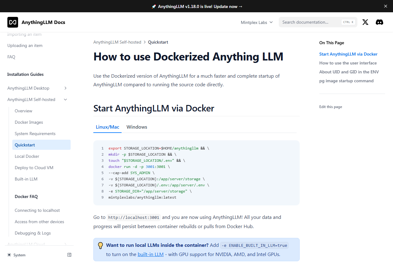 AnythingLLM docs Quickstart page showing a Docker run command for mintplexlabs/anythingllm that exposes port 3001