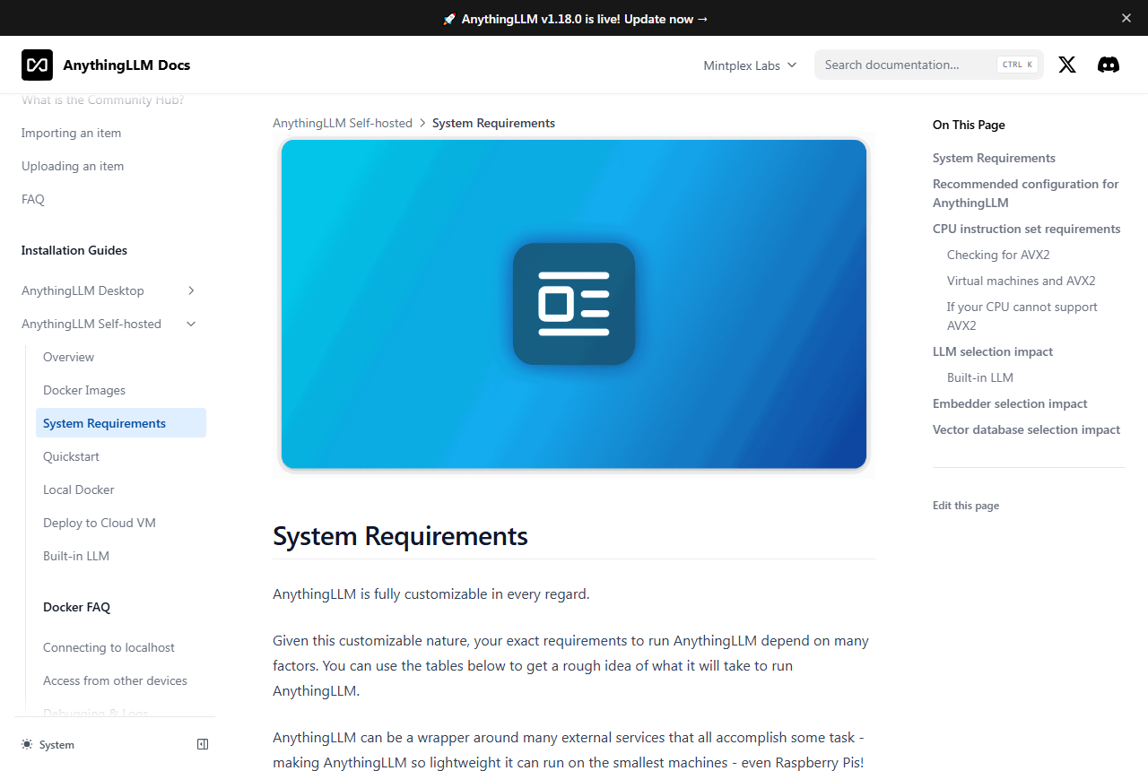 AnythingLLM docs System Requirements page for the self-hosted server, with sections on recommended configuration, CPU instruction set requirements and AVX2 checks