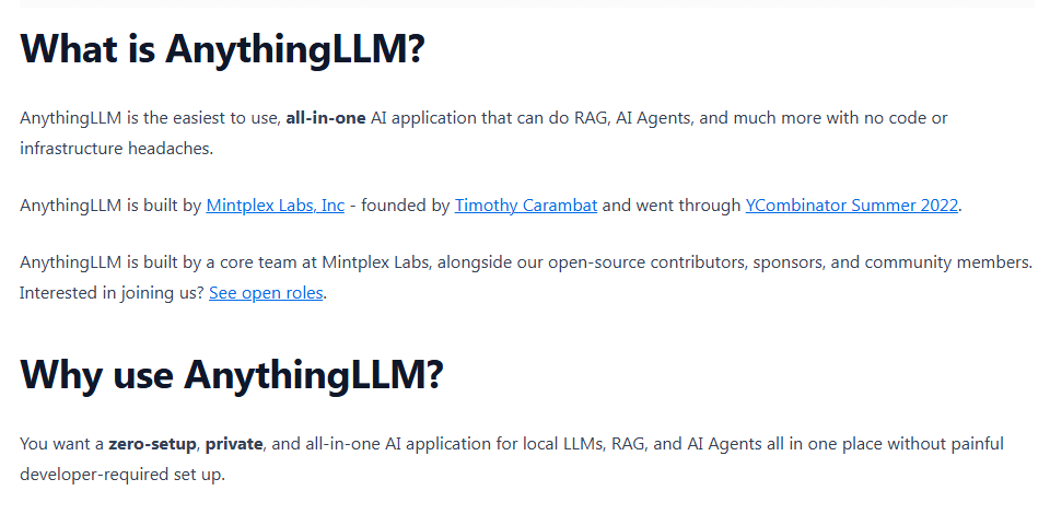Cropped AnythingLLM docs introduction: What is AnythingLLM, an all-in-one AI application for RAG and AI agents, built by Mintplex Labs, which went through Y Combinator Summer 2022, then Why use AnythingLLM