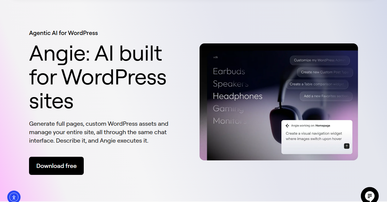Angie product page headed Angie: AI built for WordPress sites, Agentic AI for WordPress, saying generate full pages, custom WordPress assets and manage your entire site through the same chat interface, with a Download free button and a chat panel showing Angie working on the homepage