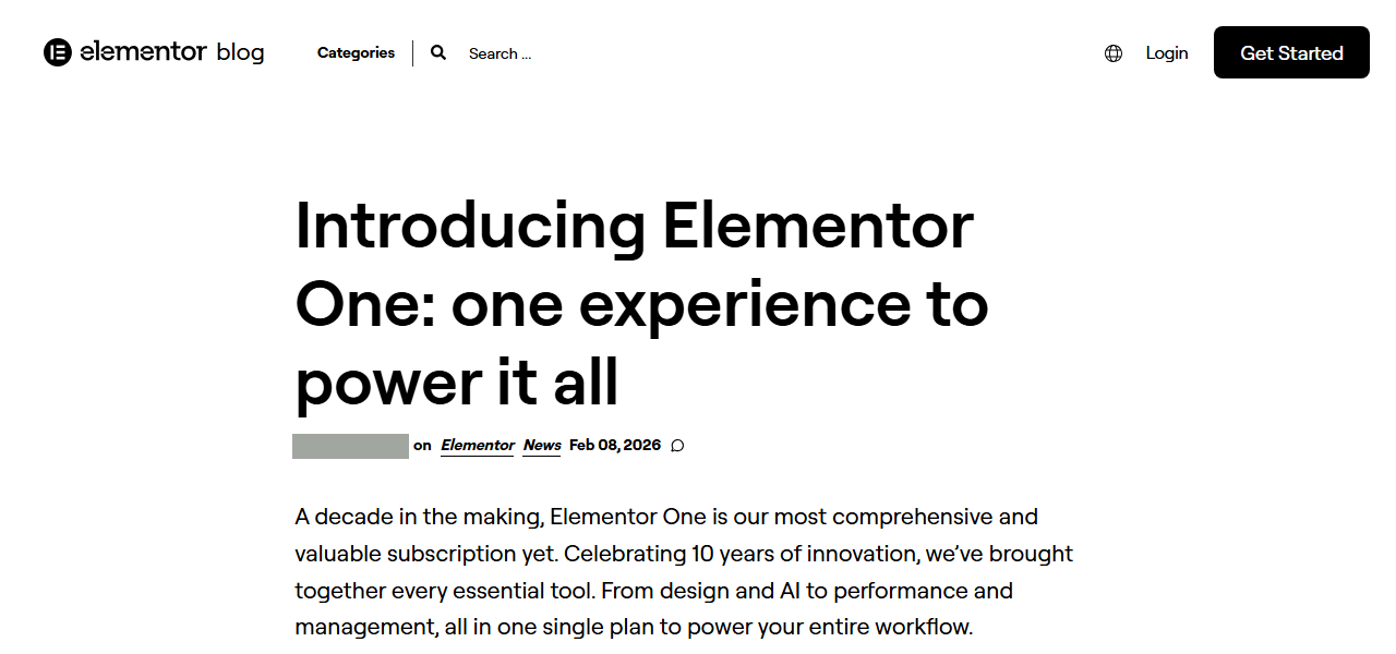 Elementor blog post Introducing Elementor One: one experience to power it all, saying a decade in the making, Elementor One is our most comprehensive and valuable subscription yet, bringing together design and AI, performance and management in one single plan; the author name is covered with a grey box