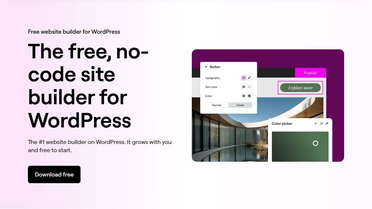 Elementor free download page headed The free, no-code site builder for WordPress, The number 1 website builder on WordPress, with a Download free button and an editor illustration showing button typography, text color and color picker panels