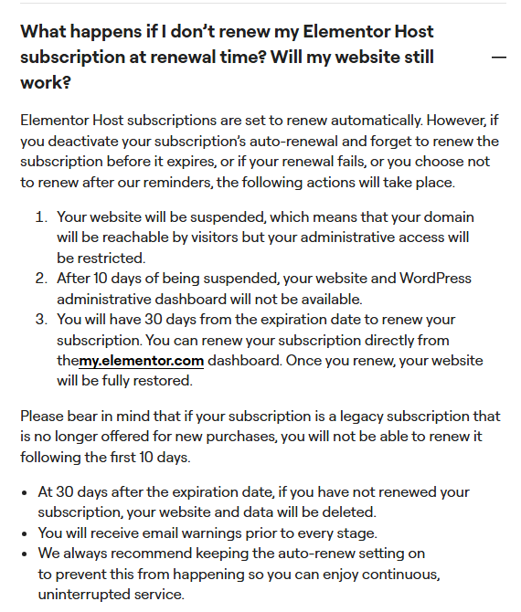 Elementor Host FAQ on not renewing: the website is suspended with admin access restricted, after 10 days of suspension the website and dashboard are not available, you have 30 days from the expiration date to renew, legacy subscriptions cannot be renewed after the first 10 days, and at 30 days after expiration the website and data will be deleted