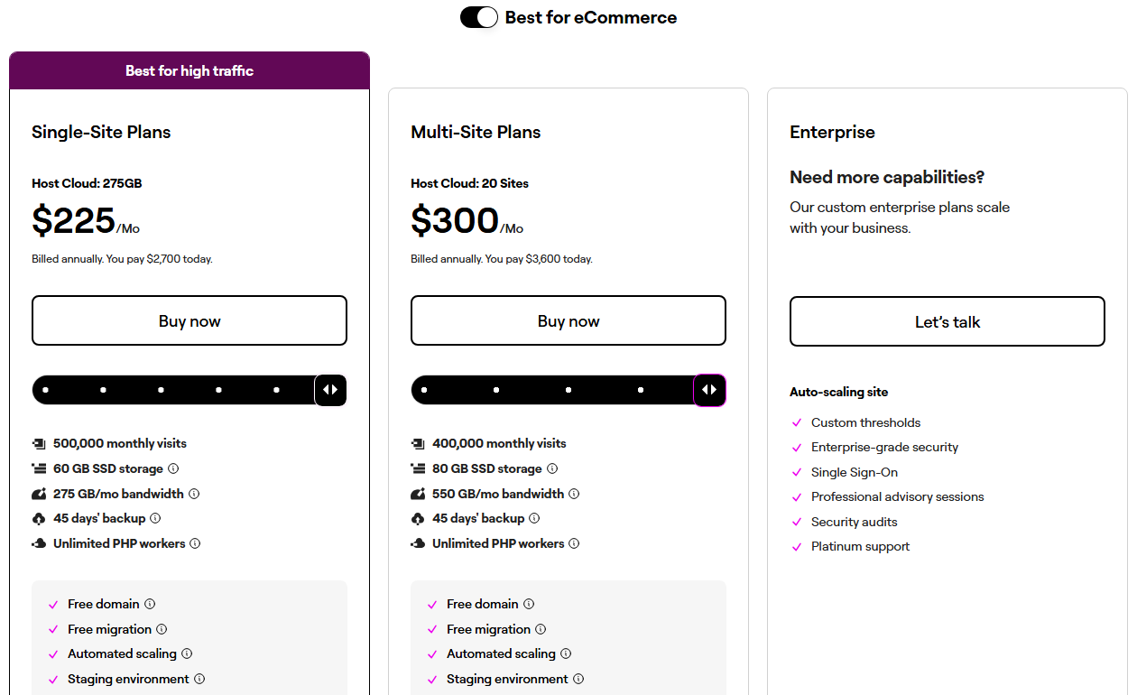 Elementor Host plan cards with both sliders at their top tier: Host Cloud 275GB at 225 dollars a month, you pay 2,700 dollars today, 500,000 monthly visits, 60 GB storage, 275 GB bandwidth, 45 days backup; Host Cloud 20 Sites at 300 dollars a month, 3,600 dollars today, 400,000 monthly visits, 80 GB storage, 550 GB bandwidth, 45 days backup