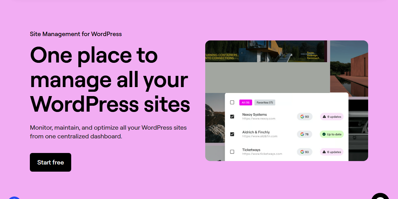 Elementor Manage page headed One place to manage all your WordPress sites, monitor, maintain and optimize all your WordPress sites from one centralized dashboard, with a Start free button and a sites list showing update counts and an Up to date badge; a photo of a person is covered with a grey box