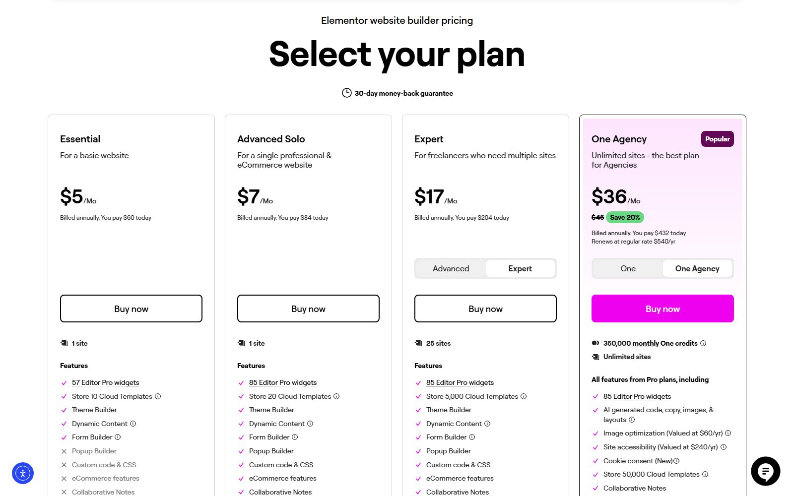 Elementor pricing page with the toggles switched to Expert and One Agency: Expert for freelancers who need multiple sites at 17 dollars a month, billed annually, you pay 204 dollars today, 25 sites, Store 5,000 Cloud Templates; One Agency, unlimited sites, the best plan for Agencies, at 36 dollars a month with 45 dollars struck through and Save 20 percent, you pay 432 dollars today, renews at regular rate 540 dollars a year, 350,000 monthly One credits, site accessibility valued at 240 dollars a year and 50,000 cloud templates