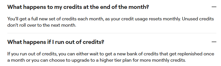 Elementor pricing FAQ answers: What happens to my credits at the end of the month, you get a full new set each month and unused credits don't roll over to the next month; What happens if I run out of credits, wait for the monthly refill or upgrade to a higher tier plan