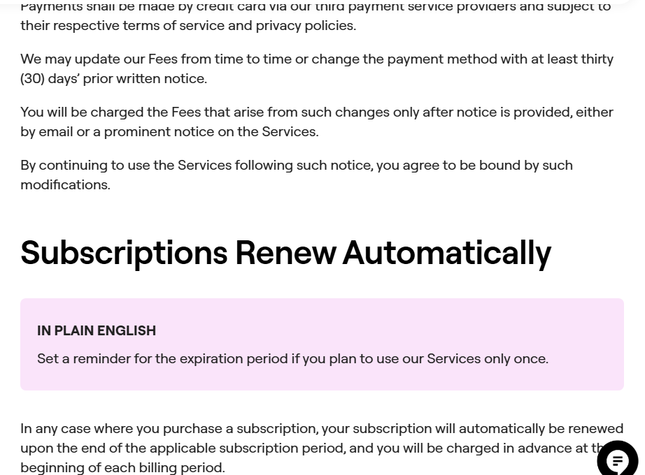 Elementor store policies section saying we may update our Fees from time to time or change the payment method with at least thirty days prior written notice, followed by the heading Subscriptions Renew Automatically and the clause that subscriptions renew automatically at the end of the period and are charged in advance