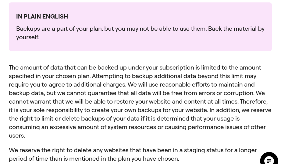 Elementor hosting terms on backups: backups are a part of your plan, but you may not be able to use them, back the material by yourself; Elementor cannot guarantee it can restore your website and says it is your sole responsibility to create your own backups