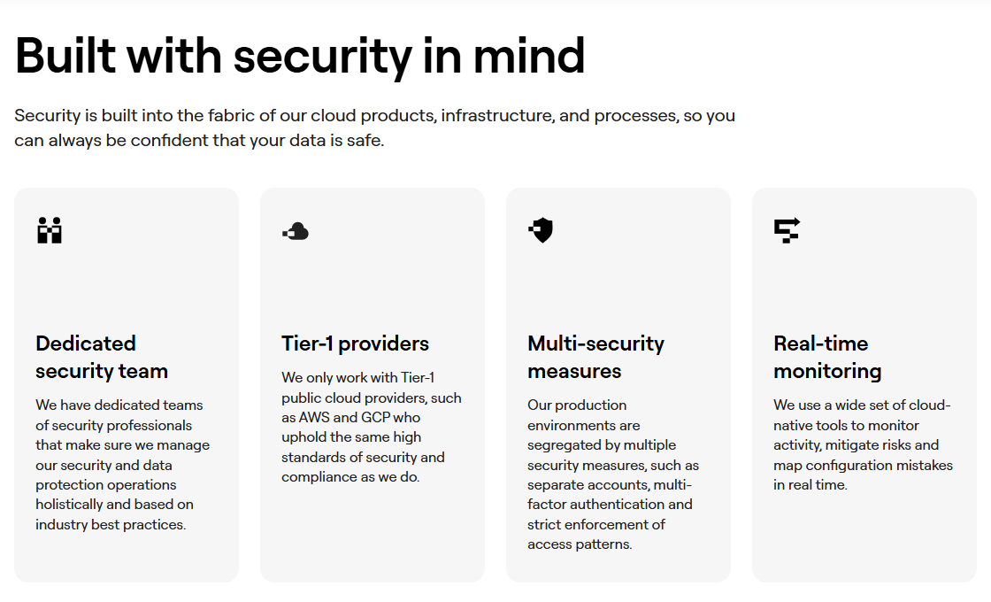 Elementor Trust Center section saying security is built into our cloud products, with cards for a dedicated security team, Tier-1 providers such as AWS and GCP, multi-security measures with separate accounts and multi-factor authentication, real-time monitoring, secure code, end-to-end encryption, distributed system and reliability cross-checks