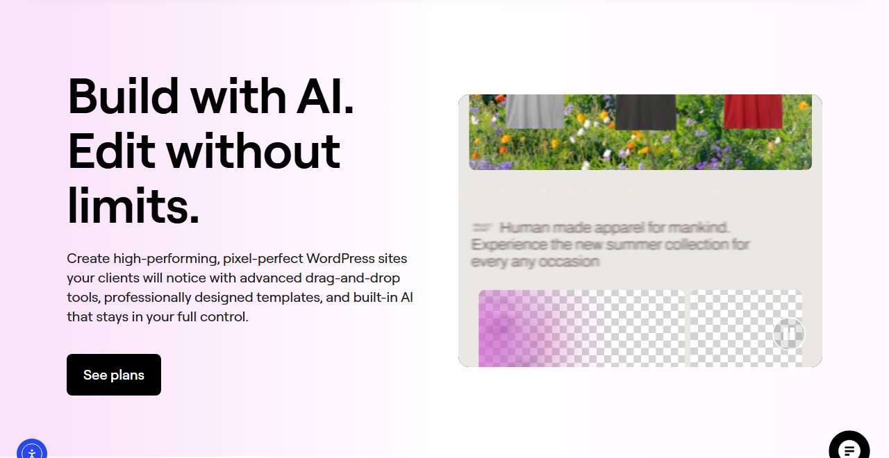 Elementor website builder page headed Build with AI. Edit without limits., saying create high-performing, pixel-perfect WordPress sites with advanced drag-and-drop tools, professionally designed templates and built-in AI, with a See plans button and an animated page preview