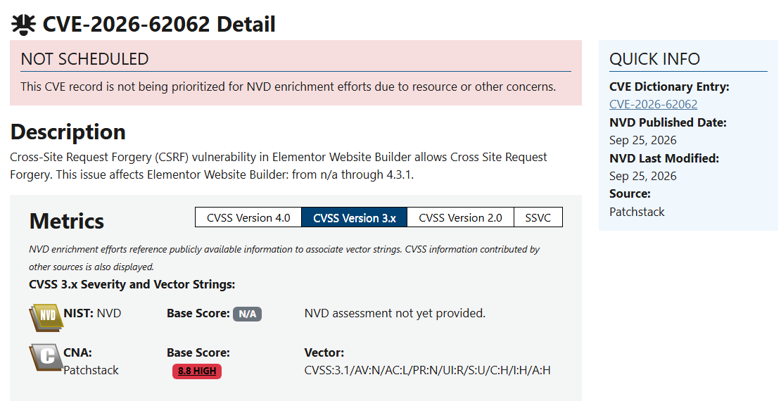 National Vulnerability Database page CVE-2026-62062 Detail: Cross-Site Request Forgery vulnerability in Elementor Website Builder through 4.3.1; CNA Patchstack base score 8.8 High; NVD published date September 25, 2026