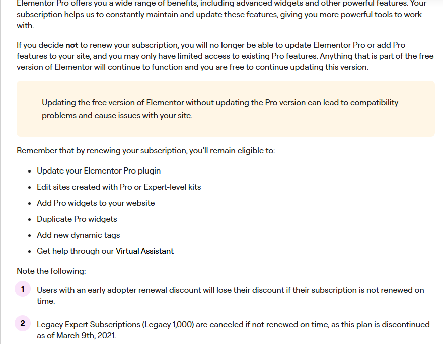 Elementor help article What will happen to my website(s) if I don't renew Elementor Pro, last updated June 3, 2026: you will no longer be able to update Elementor Pro or add Pro features, and you may only have limited access to existing Pro features, while anything in the free version continues to function