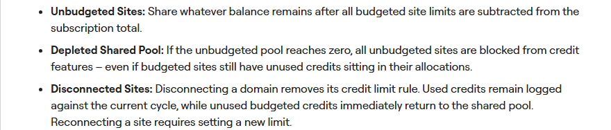 Elementor help article on credit limits for One Agency: budgeted sites draw only from their own budget, unbudgeted sites share what remains, if the shared pool reaches zero all unbudgeted sites are blocked from credit features even if budgeted sites have credits left, and disconnecting a site removes its limit