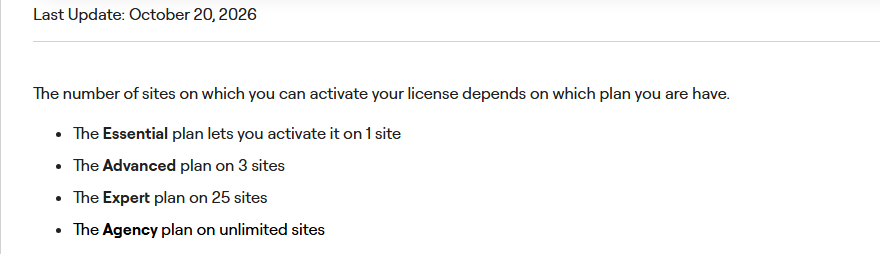 Elementor help article How many sites can I activate my license on: the Essential plan on 1 site, the Advanced plan on 3 sites, the Expert plan on 25 sites and the Agency plan on unlimited sites