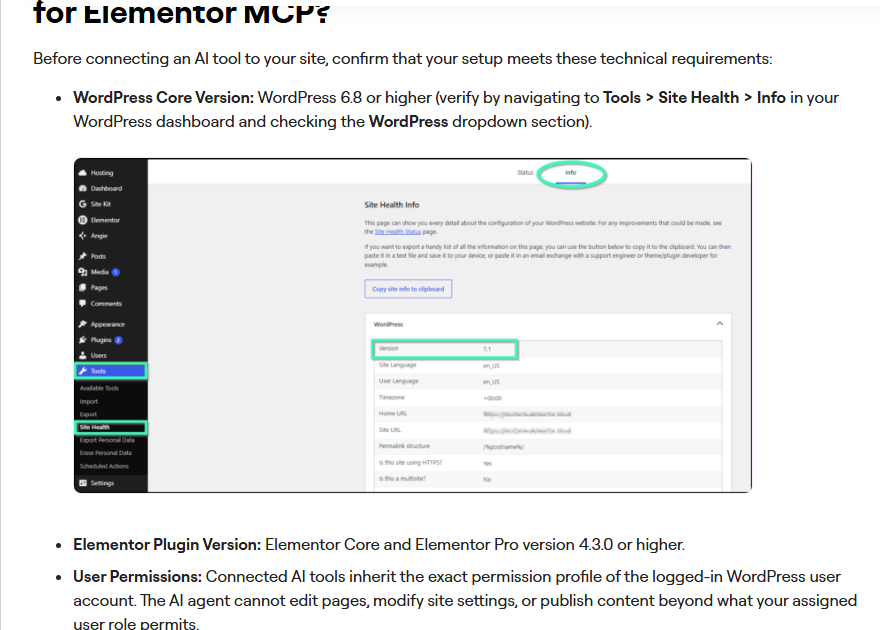 Elementor help article on connecting an AI tool with MCP, listing requirements: WordPress 6.8 or higher, checked under Tools, Site Health, Info, with an example screenshot; Elementor Core and Elementor Pro version 4.3.0 or higher; and user permissions, connected AI tools inherit the permission profile of the logged-in WordPress user