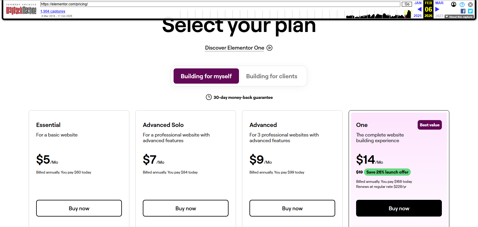 Internet Archive copy of elementor.com/pricing/ dated February 6, 2026, with the Wayback Machine toolbar, showing Essential 60 dollars, Advanced Solo 84 dollars, Advanced 99 dollars for 3 sites, and One at 14 dollars a month with 19 dollars struck through and Save 26 percent launch offer, you pay 168 dollars today, renews at regular rate 228 dollars a year