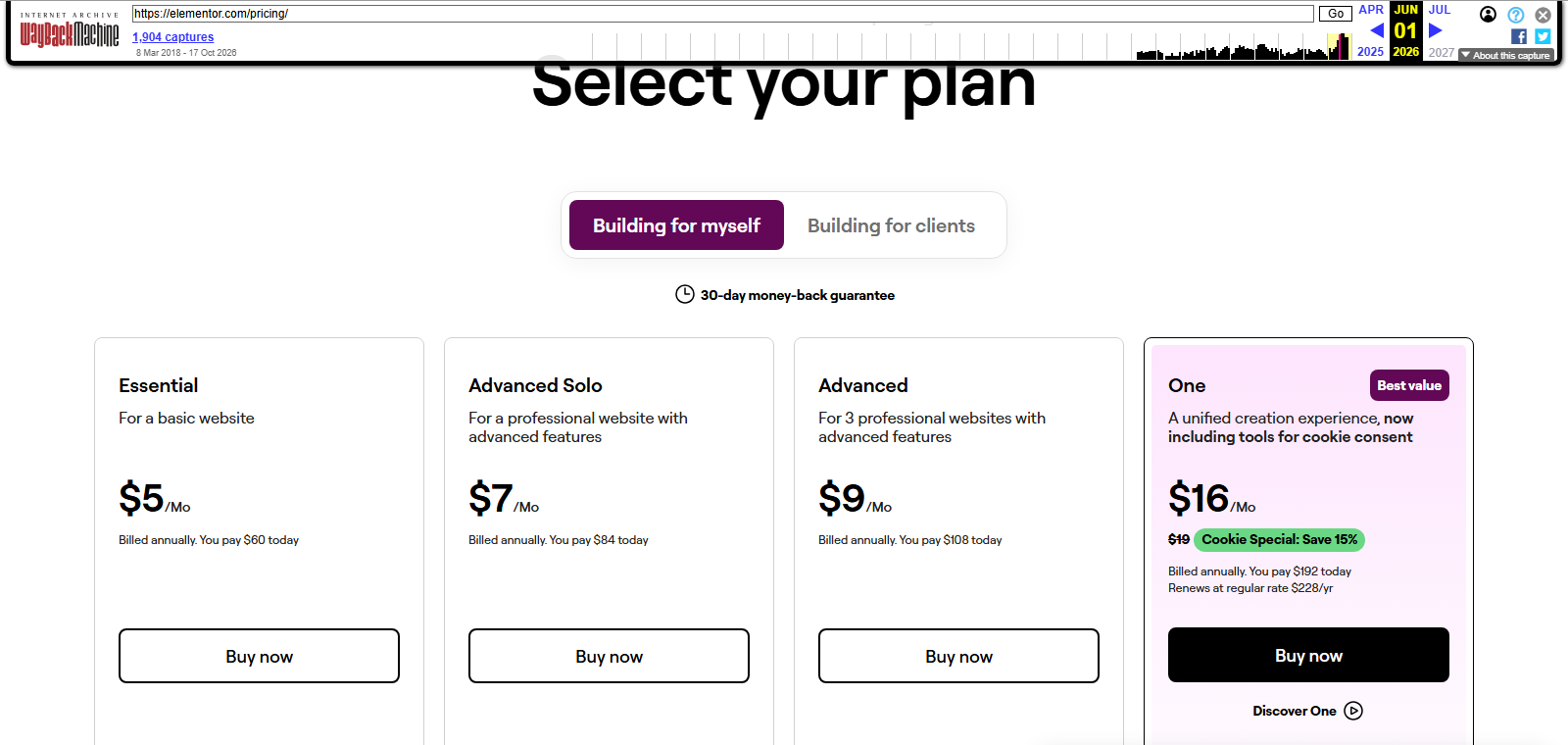 Internet Archive copy of elementor.com/pricing/ dated June 1, 2026, with the Wayback Machine toolbar, showing Essential 60 dollars, Advanced Solo 84 dollars, Advanced now 108 dollars for 3 sites, and One at 16 dollars a month with 19 dollars struck through and Cookie Special: Save 15 percent, you pay 192 dollars today, renews at regular rate 228 dollars a year