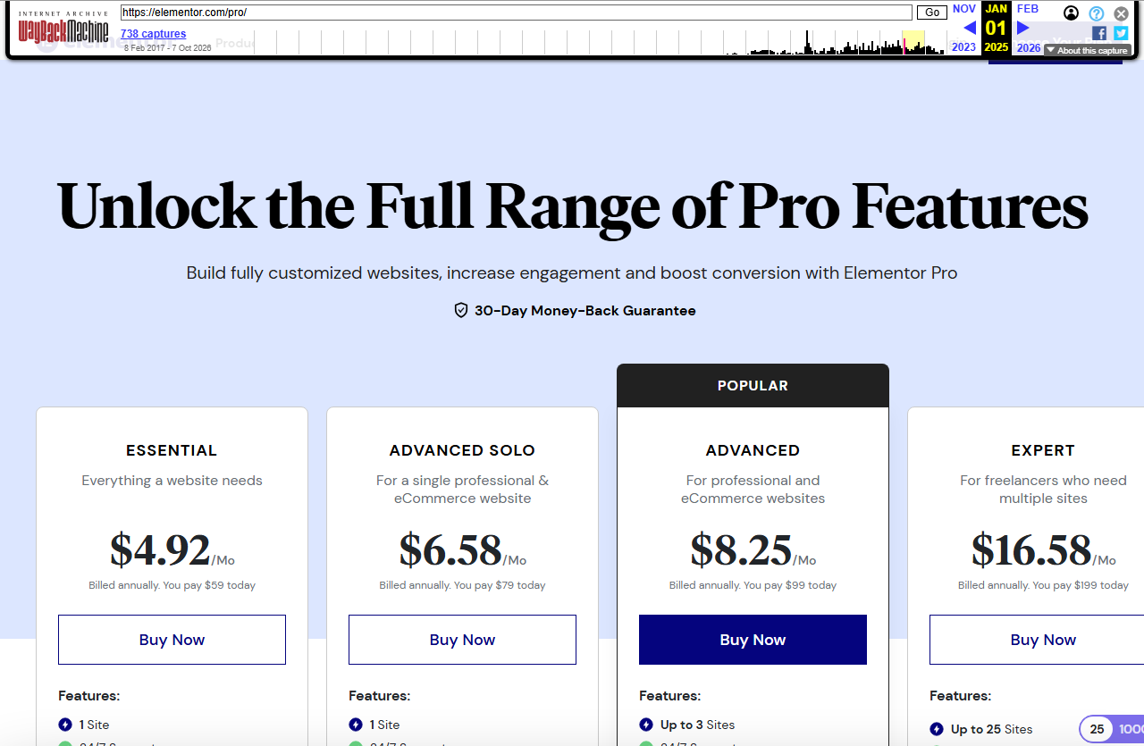 Internet Archive copy of elementor.com/pro/ dated January 1, 2025, with the Wayback Machine toolbar, headed Unlock the Full Range of Pro Features, showing Essential at 4.92 dollars a month, you pay 59 dollars today, 1 site; Advanced Solo at 6.58 dollars, 79 dollars, 1 site; Advanced, marked Popular, at 8.25 dollars, 99 dollars, up to 3 sites; Expert at 16.58 dollars, 199 dollars, up to 25 sites