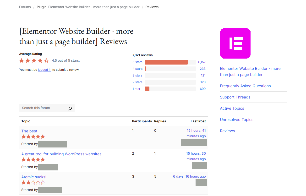 WordPress.org reviews page for Elementor Website Builder showing an average rating of 4.5 out of 5 stars from 7,321 reviews, with 6,157 five-star, 233 four-star, 121 three-star, 120 two-star and 690 one-star ratings, and the latest review topics The best, A great tool for building WordPress websites and Atomic sucks!; reviewer names are covered with grey boxes