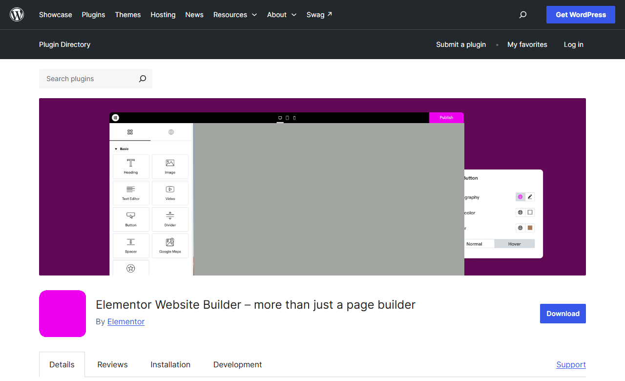 WordPress.org plugin page for Elementor Website Builder, more than just a page builder, by Elementor, with a banner showing the Elementor editor, its widget panel with Heading, Image, Text Editor, Video, Button, Divider, Spacer and Google Maps widgets, and color picker, global colors and button style panels; the photo inside the banner is covered with a grey box