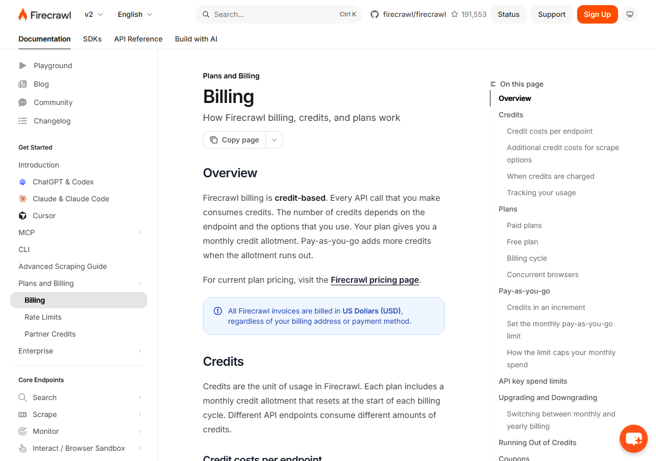 Firecrawl billing documentation page with the table of contents listing credits, plans, pay-as-you-go and running out of credits, and the opening explanation that billing is credit-based