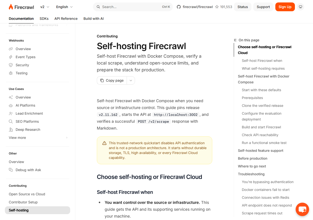 Firecrawl self-hosting documentation page with the table of contents and the opening explanation of how to choose between self-hosting and Firecrawl Cloud