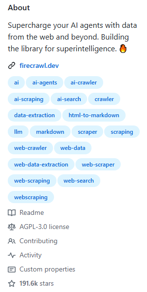 About panel of the firecrawl/firecrawl GitHub page: the description Supercharge your AI agents with data from the web and beyond, topic tags, the AGPL-3.0 license and 191.6k stars