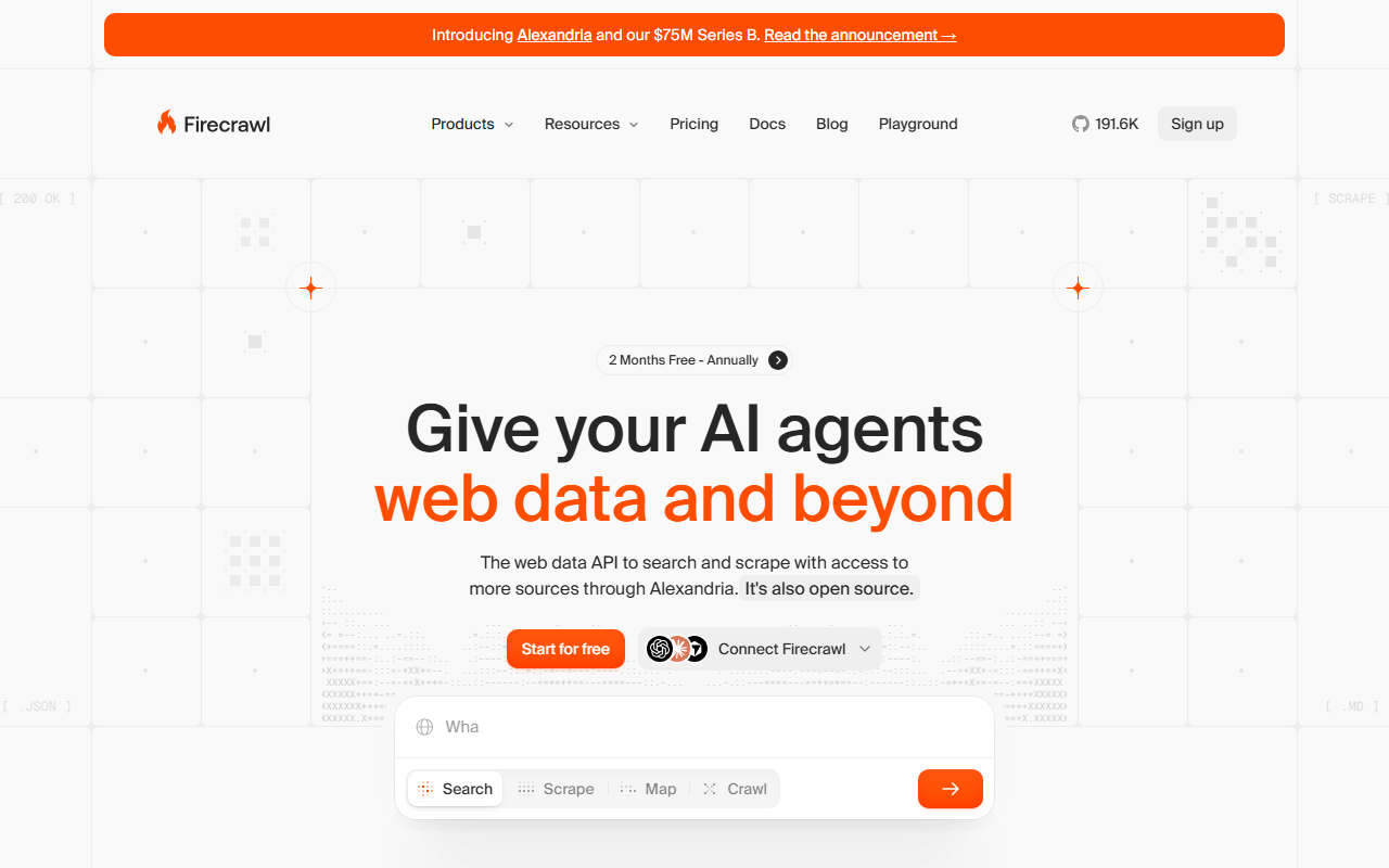 Firecrawl home page at firecrawl.dev: headline Give your AI agents web data and beyond, buttons Start for free and Connect Firecrawl, and a search box with Search, Scrape, Map and Crawl tabs