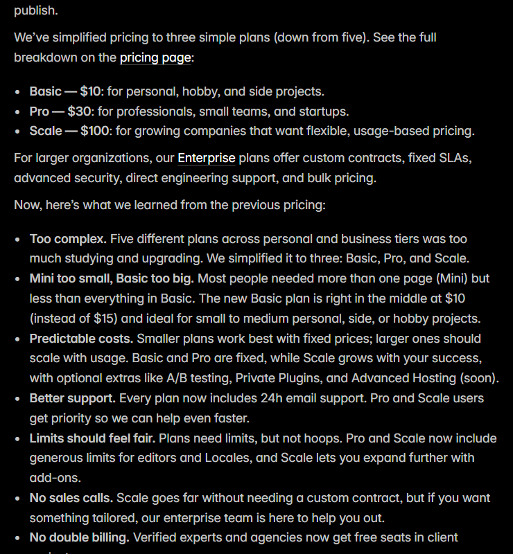 Framer blog post Simplified pricing listing three plans, Basic at 10 dollars for personal, hobby and side projects, Pro at 30 dollars for professionals, small teams and startups, and Scale at 100 dollars for growing companies, followed by lessons from the previous pricing such as Too complex, Mini too small, Basic too big, Predictable costs and Better support