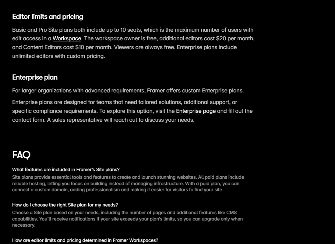 Framer help article Site plans overview, section Editor limits and pricing, saying Basic and Pro both include up to 10 seats, the workspace owner is free, additional editors cost 20 dollars per month and Content Editors cost 10 dollars per month, viewers are free, and Enterprise has unlimited editors with custom pricing