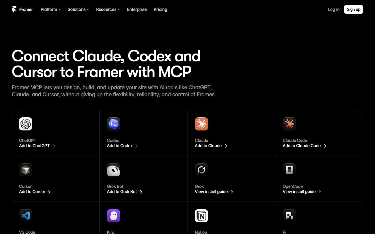 Framer MCP page headed Connect Claude, Codex and Cursor to Framer with MCP, with a grid of clients: ChatGPT Add to ChatGPT, Codex Add to Codex, Claude Add to Claude, Claude Code Add to Claude Code, Cursor Add to Cursor, Grok Bot Add to Grok Bot, Grok, OpenCode, VS Code, Kiro, Notion and Pi with View install guide links