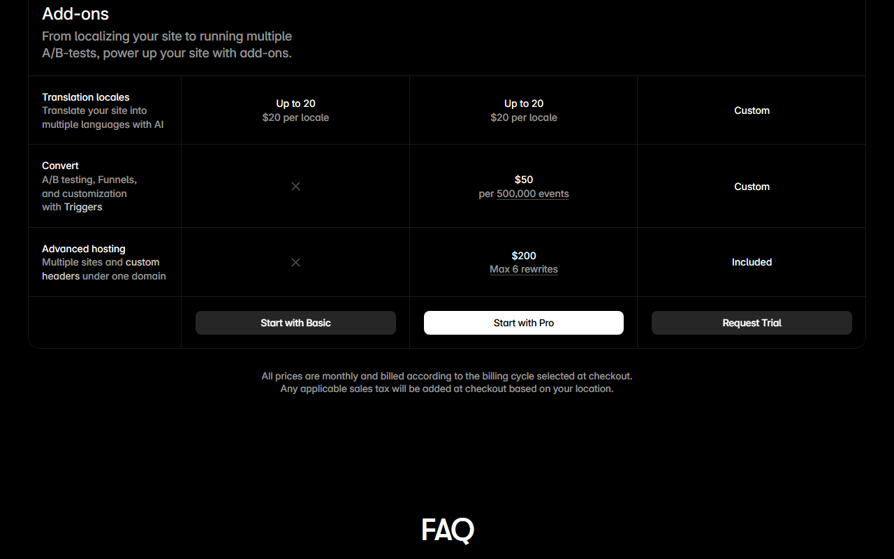 Framer pricing table section Add-ons: translation locales up to 20 at 20 dollars per locale on Basic and Pro and custom on Enterprise; Convert for A/B testing, funnels and triggers not available on Basic, 50 dollars per 500,000 events on Pro; Advanced hosting not available on Basic, 200 dollars with max 6 rewrites on Pro and included on Enterprise; a note that all prices are monthly and billed according to the billing cycle selected at checkout, with sales tax added based on location