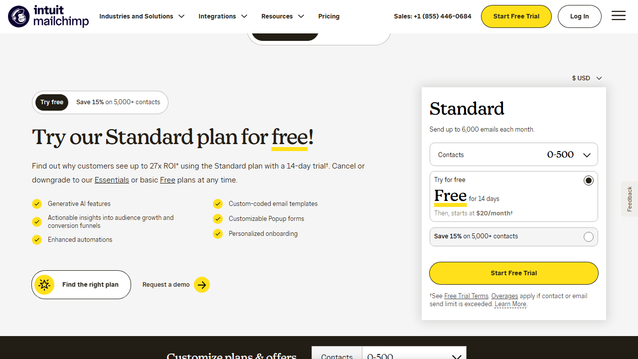Mailchimp pricing page: Try our Standard plan for free, with a Standard plan box for 0 to 500 contacts that sends up to 6,000 emails each month, free for 14 days then starting at 20 dollars a month, and a note that customers can downgrade to the Essentials or basic Free plans