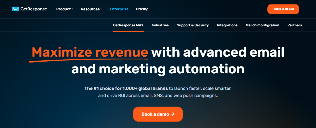 GetResponse MAX enterprise page headed Maximize revenue with advanced email and marketing automation, with the claim The #1 choice for 1,000+ global brands across email, SMS and web push campaigns and a Book a demo button